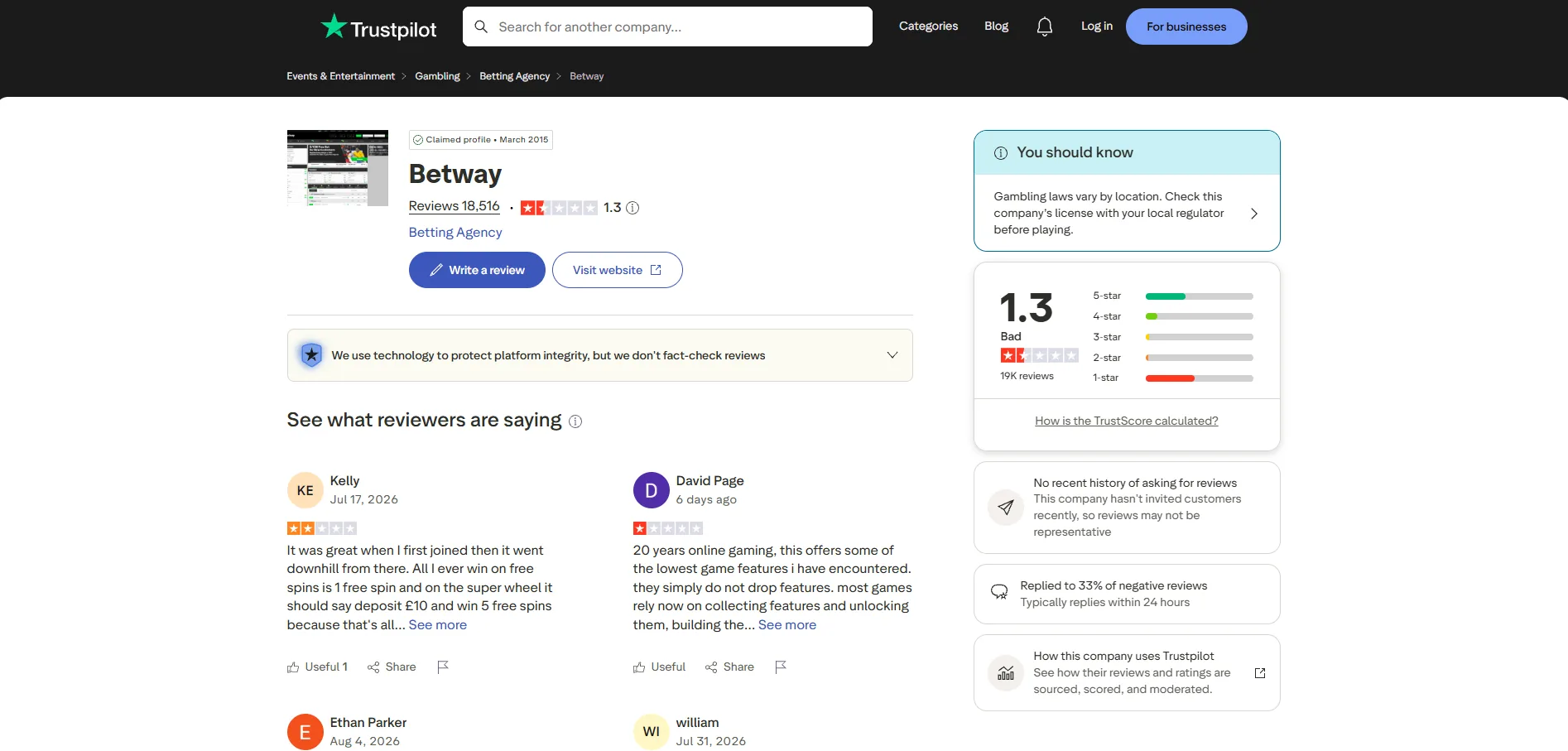 Screenshot of Betway's Trustpilot rating overview