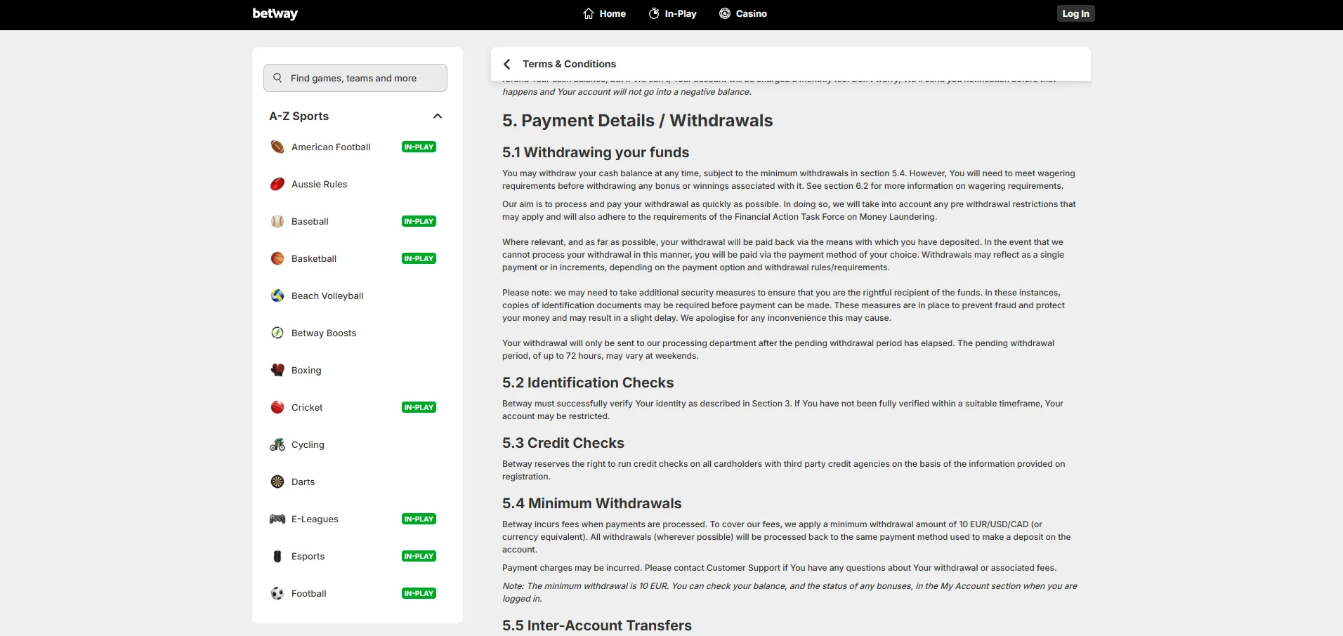 Screenshot of Betway's withdrawal section and limits