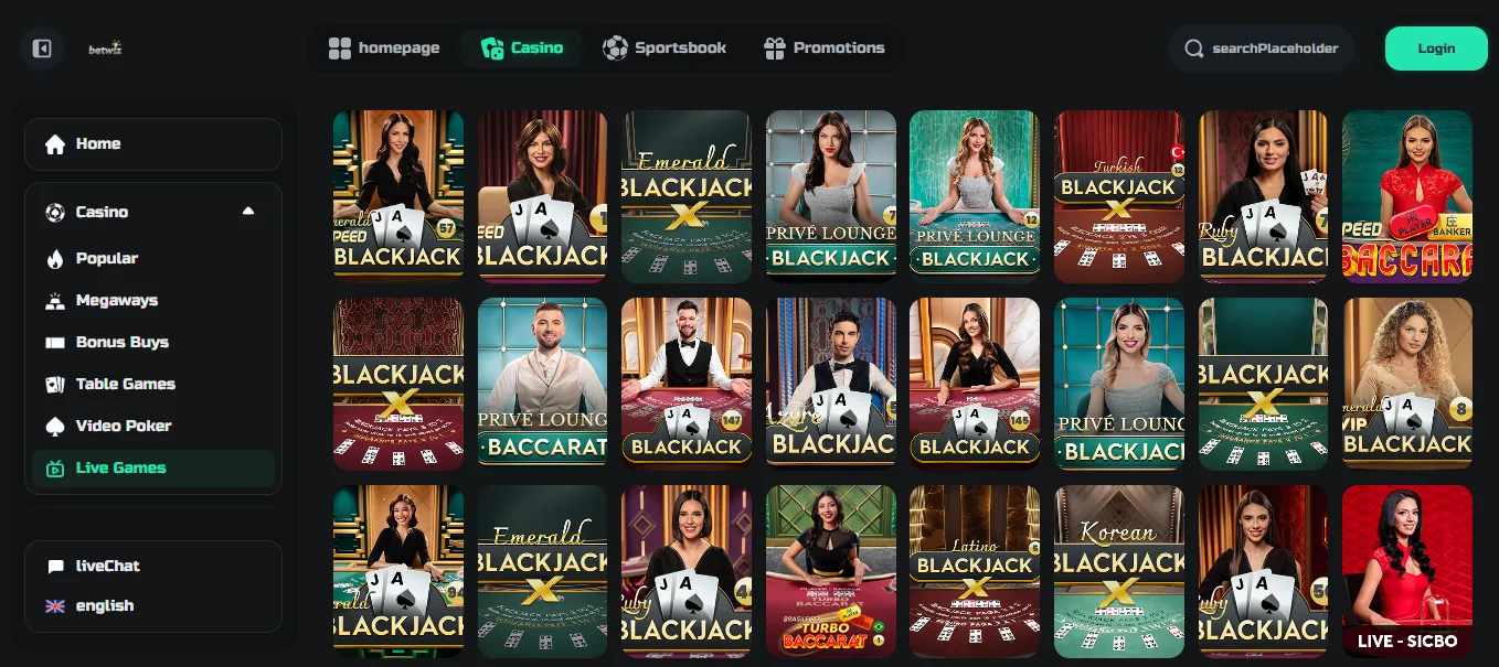 Screenshot of Betwiz's games lobby