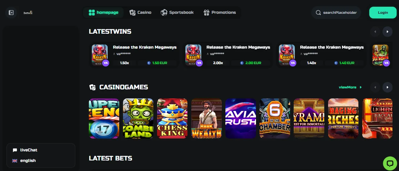 Screenshot of Betwiz's homepage