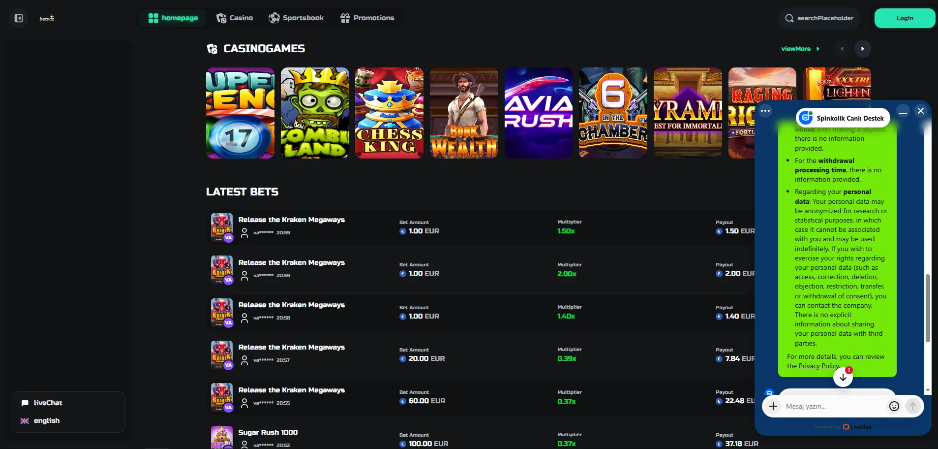 Screenshot of Betwiz's live chat support window