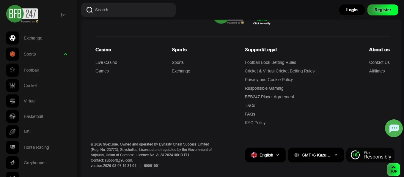 Screenshot of BFB247's footer licence and regulator details