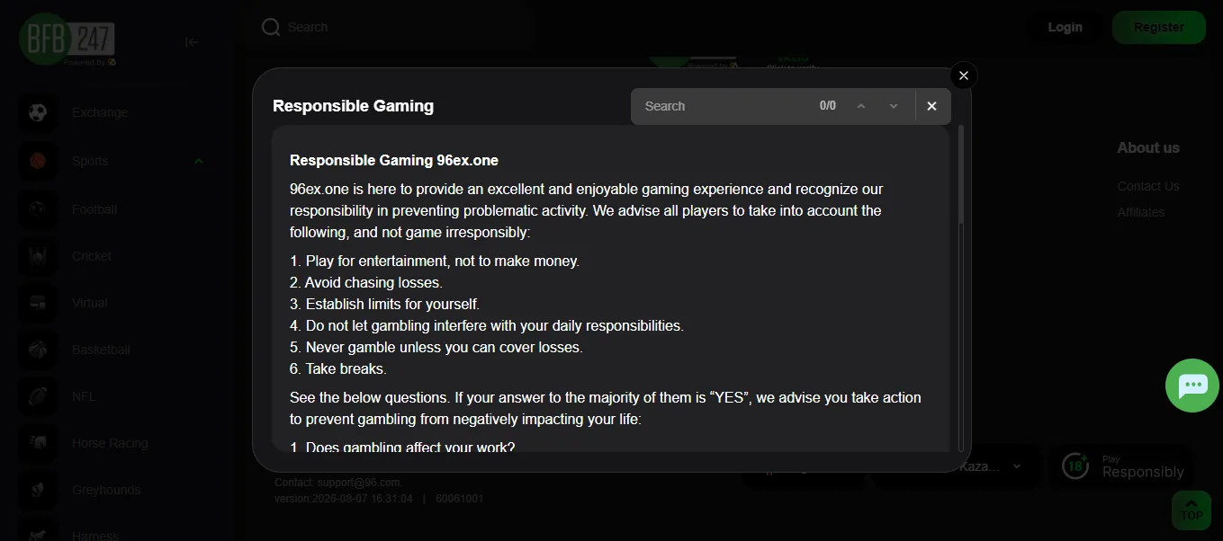 Screenshot of BFB247's responsible-gambling tools