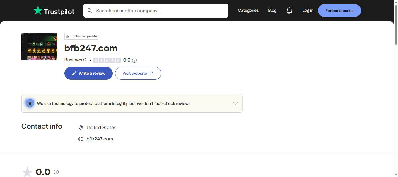 Screenshot of BFB247's Trustpilot rating overview