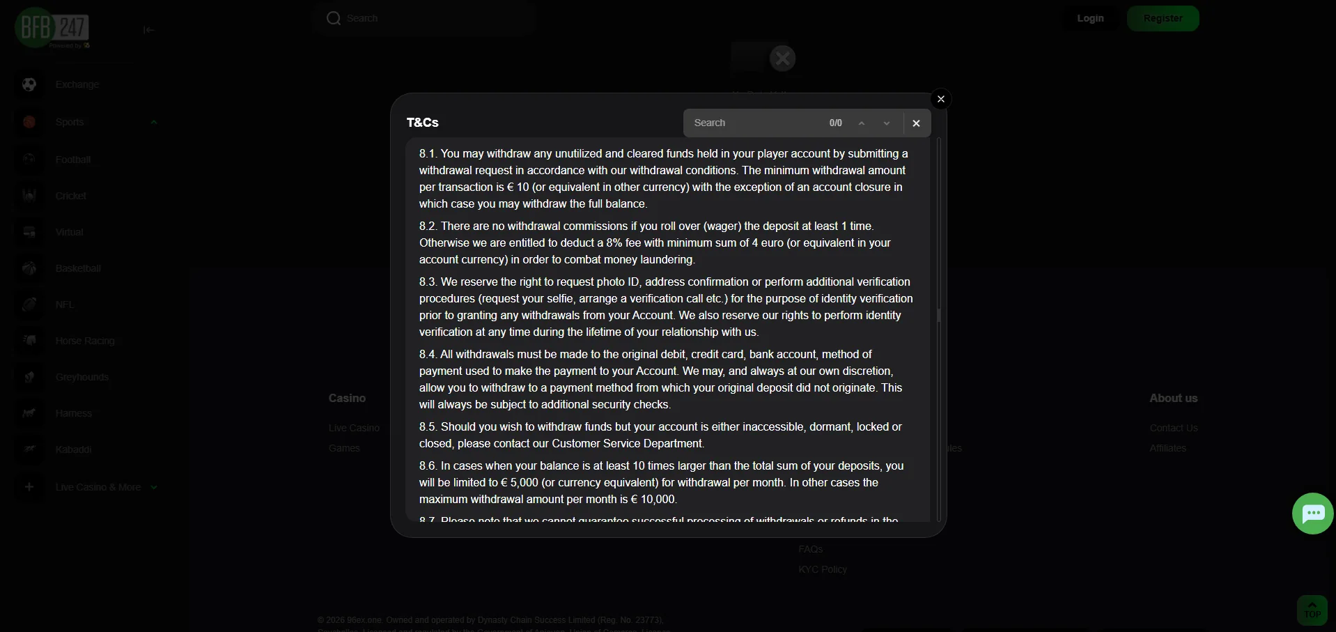 Screenshot of BFB247's withdrawal section and limits