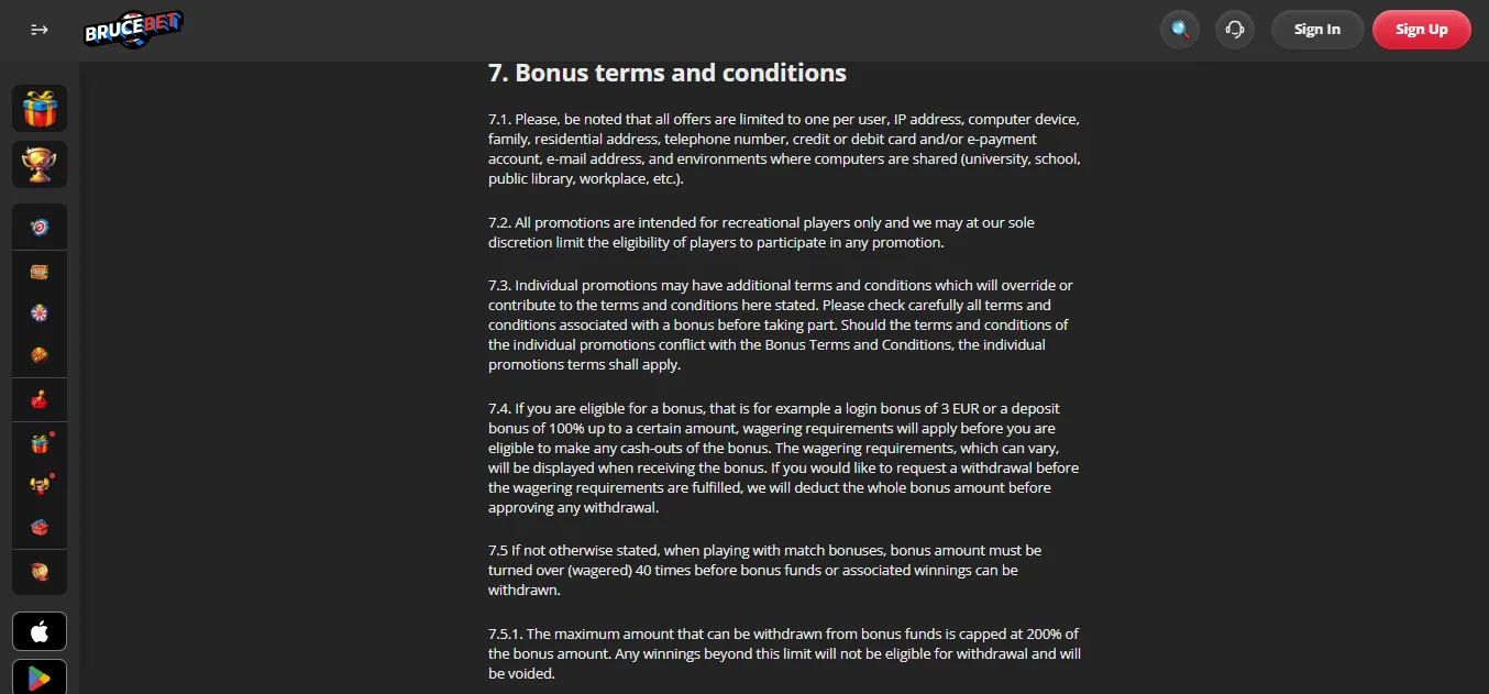 Screenshot of Bruce's bonus terms and wagering requirements
