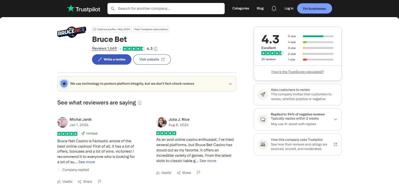Screenshot of Bruce's Trustpilot rating overview