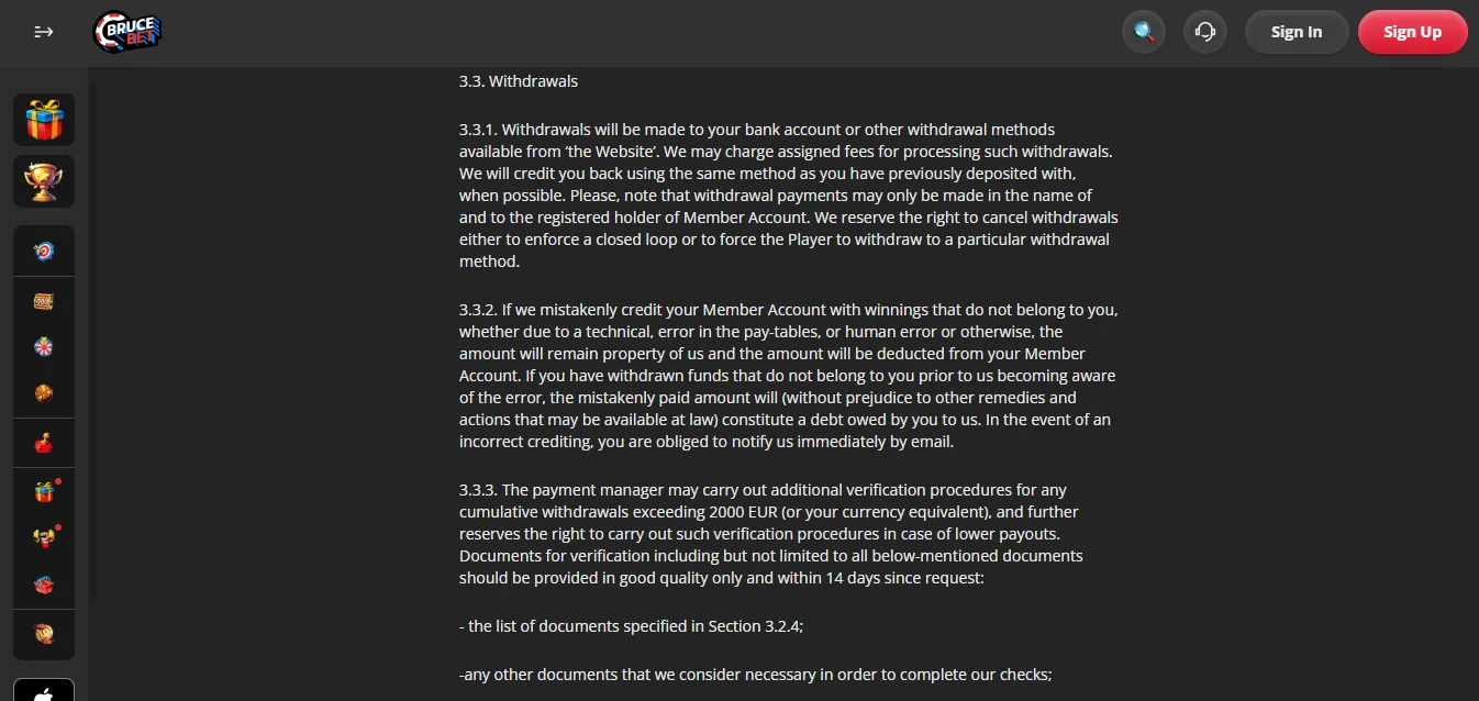 Screenshot of Bruce's withdrawal section and limits
