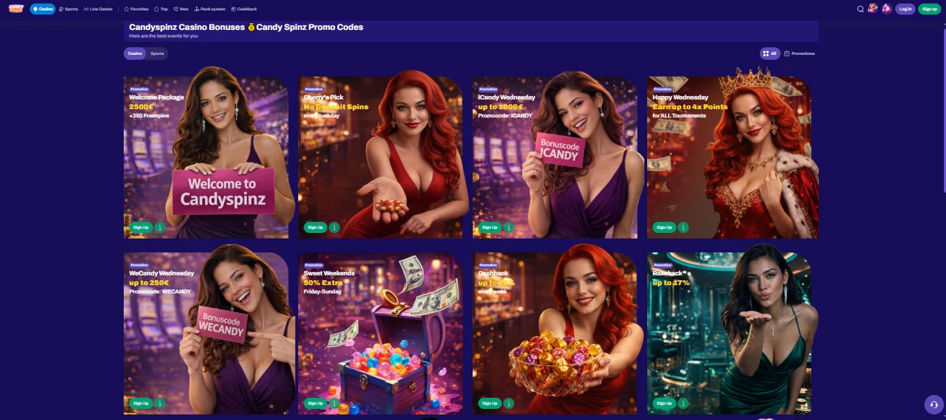Screenshot of CandySpinz Casino's welcome bonus offer