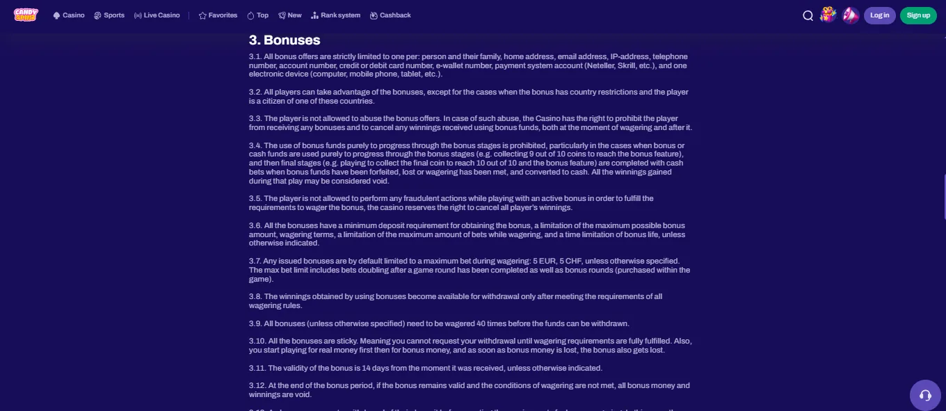 Screenshot of CandySpinz Casino's bonus terms and wagering requirements