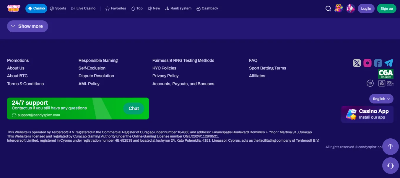 Screenshot of CandySpinz Casino's footer licence and regulator details