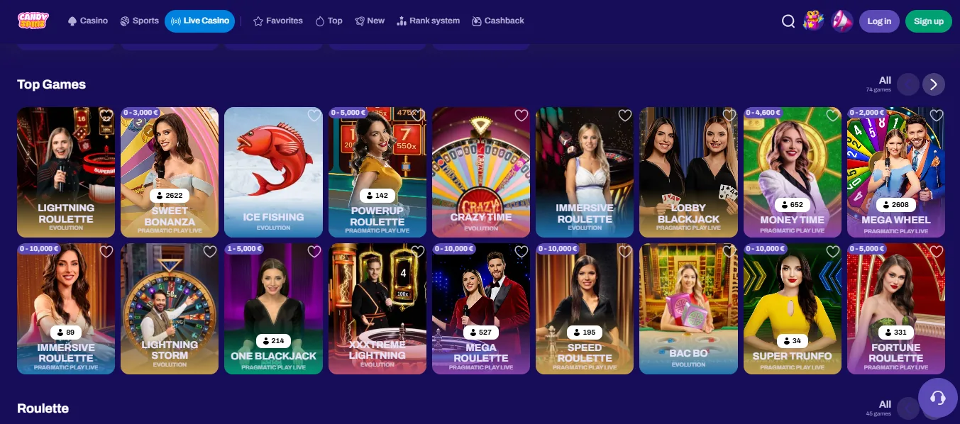 Screenshot of CandySpinz Casino's games lobby
