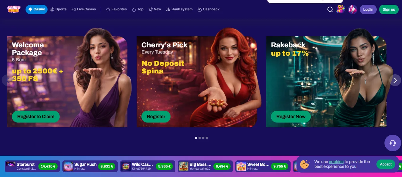 Screenshot of CandySpinz Casino's homepage