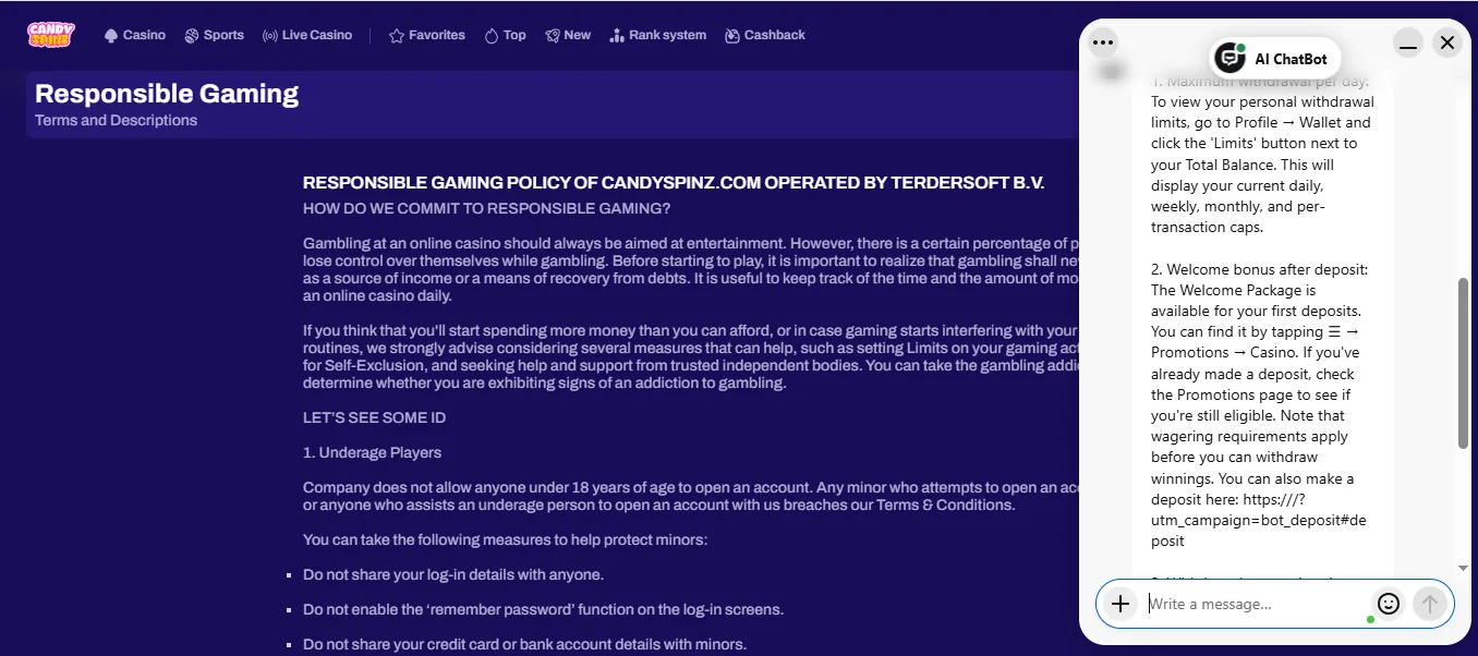 Screenshot of CandySpinz Casino's live chat support window