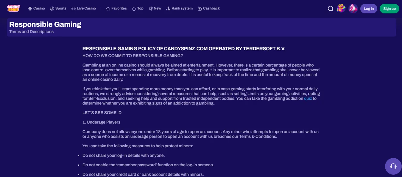 Screenshot of CandySpinz Casino's responsible-gambling tools