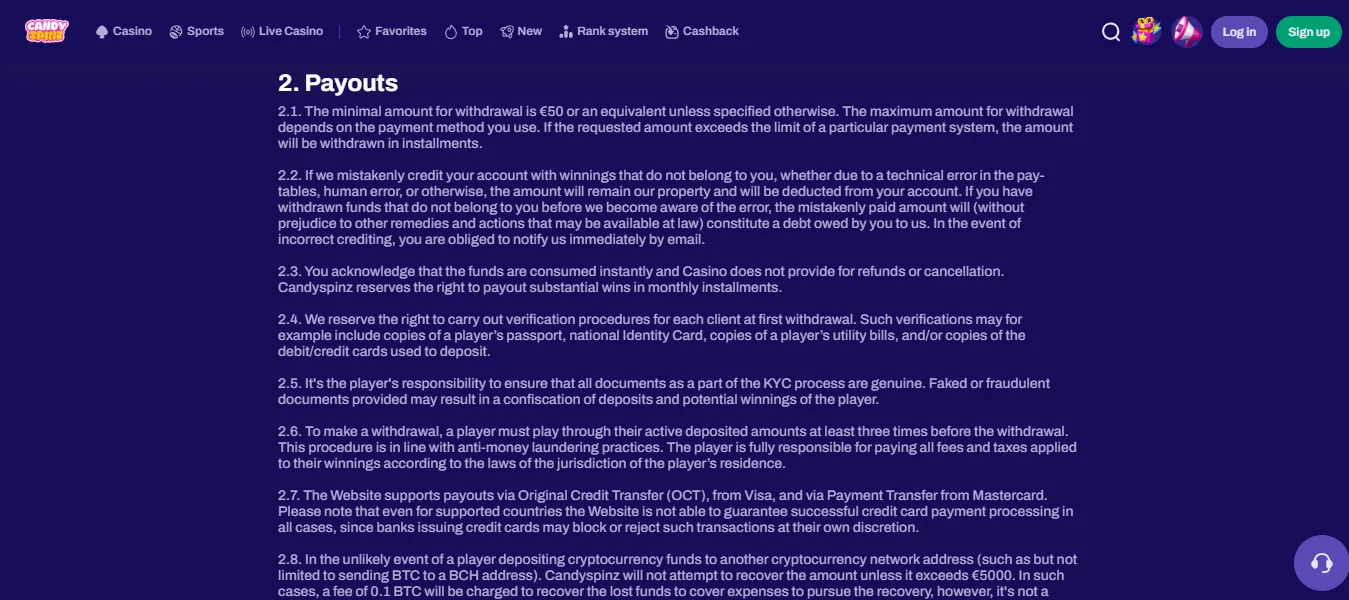 Screenshot of CandySpinz Casino's withdrawal section and limits