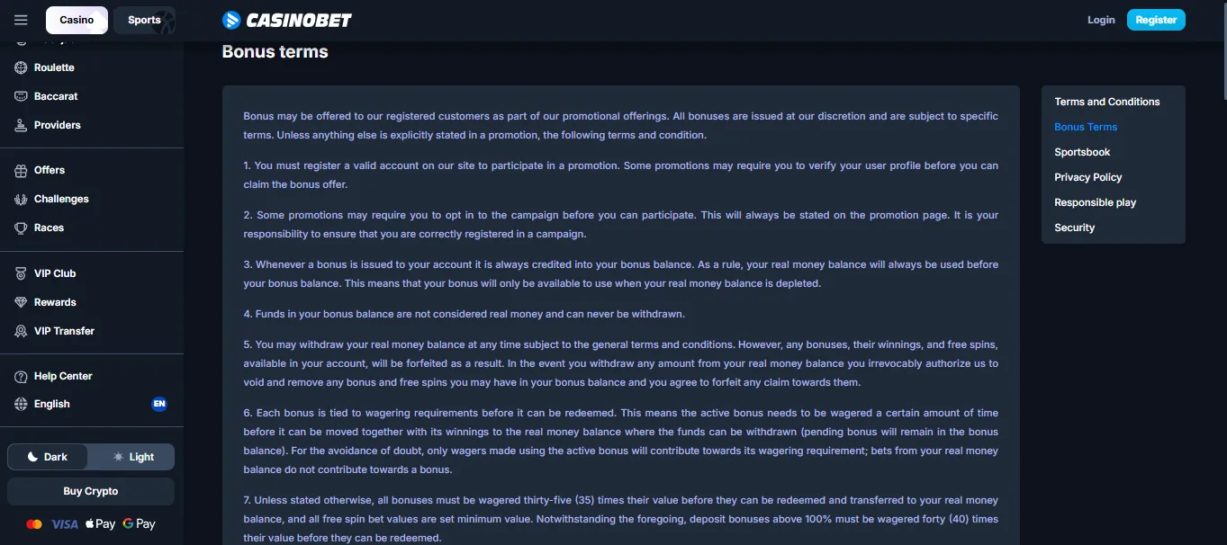 Screenshot of CasinoBet's bonus terms and wagering requirements