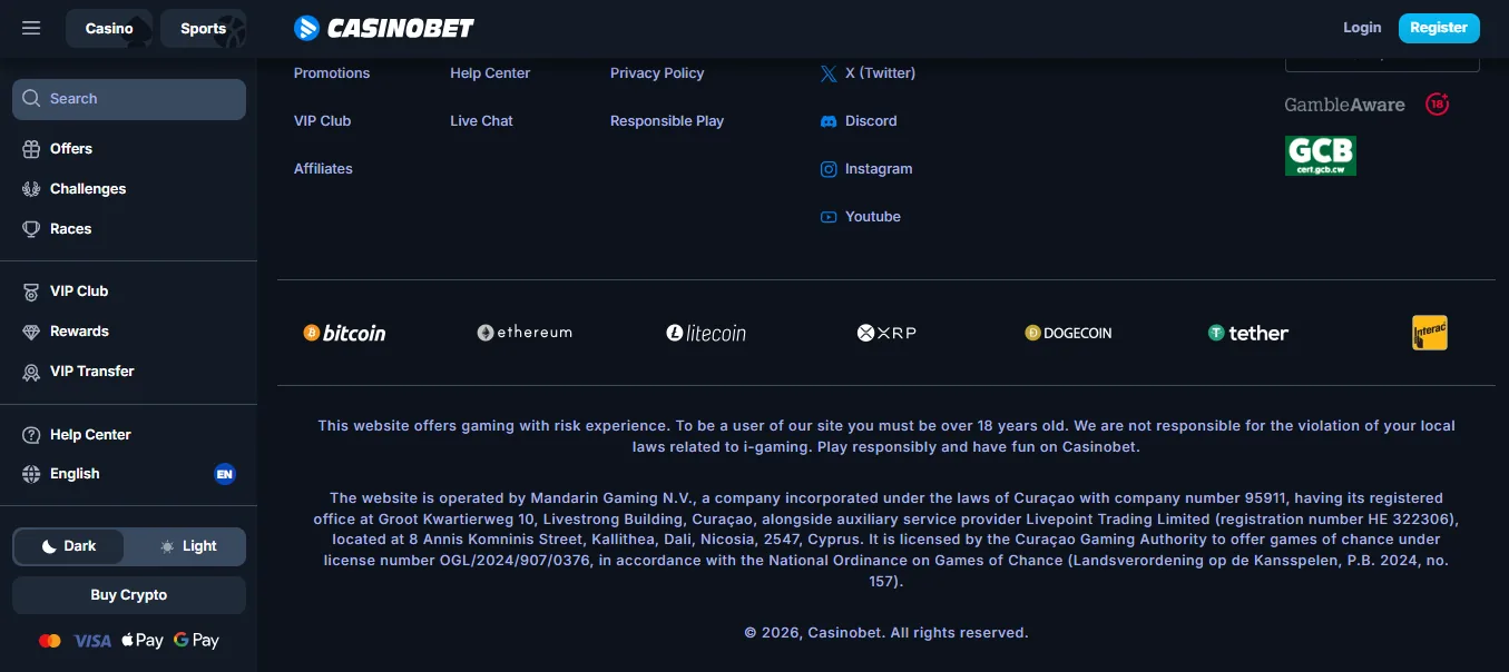 Screenshot of CasinoBet's footer licence and regulator details