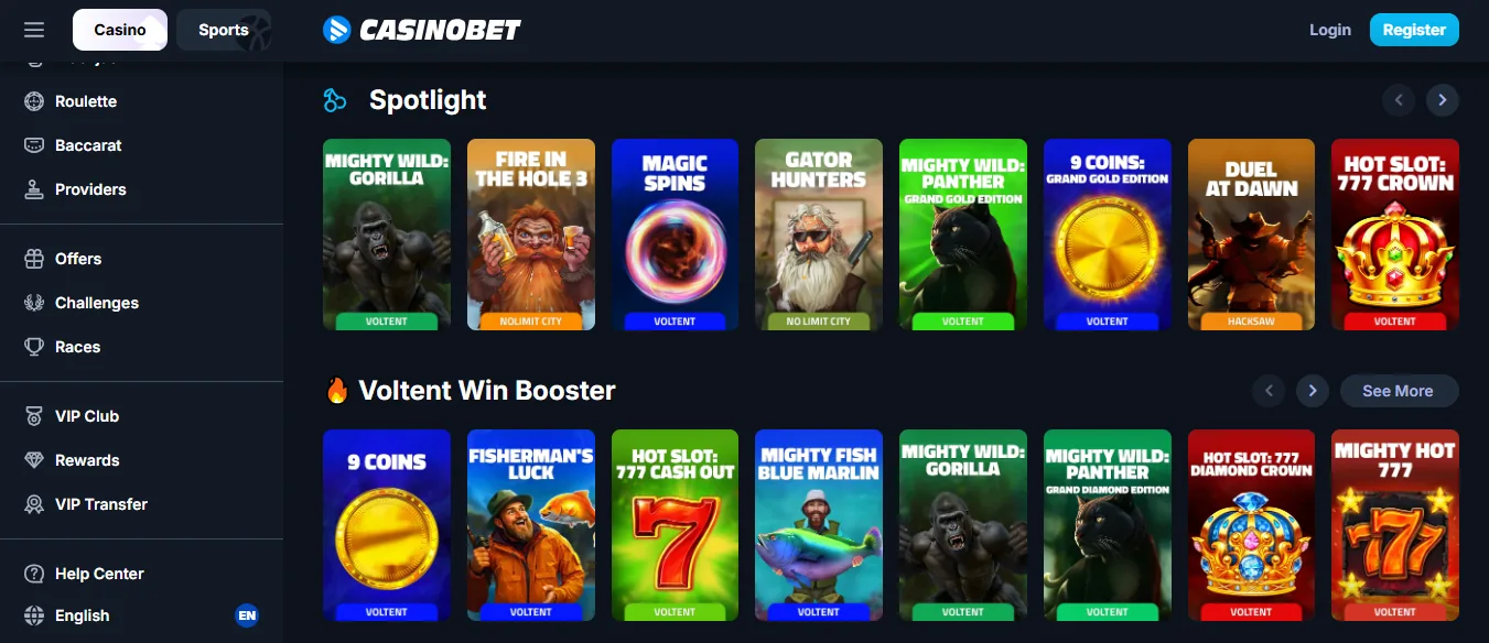 Screenshot of CasinoBet's games lobby
