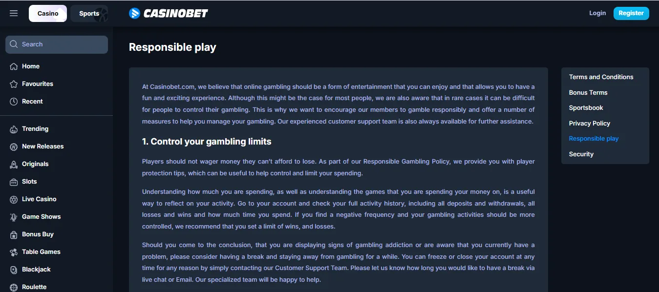 Screenshot of CasinoBet's responsible-gambling tools
