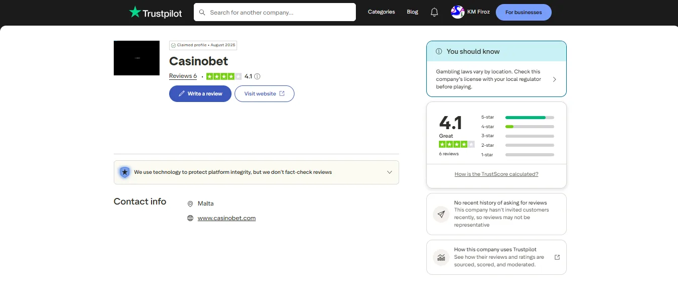 Screenshot of CasinoBet's Trustpilot rating overview