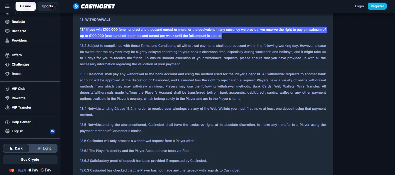 Screenshot of CasinoBet's withdrawal section and limits