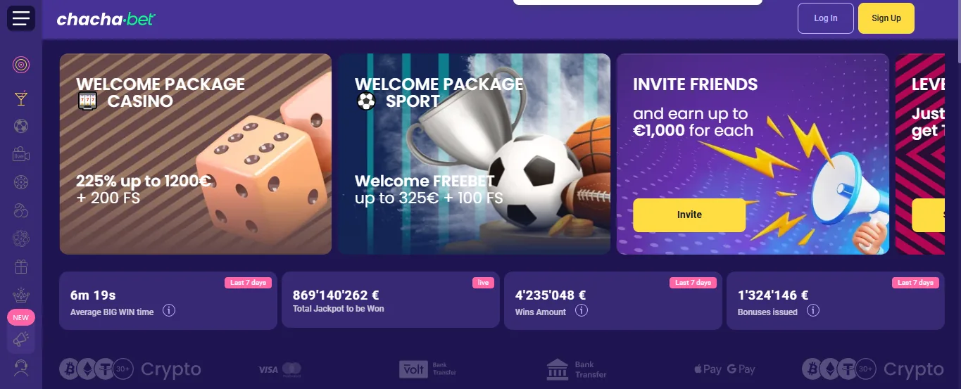 Screenshot of ChachaBet's welcome bonus offer