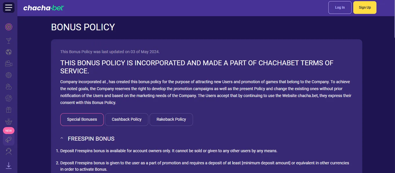 Screenshot of ChachaBet's bonus terms and wagering requirements