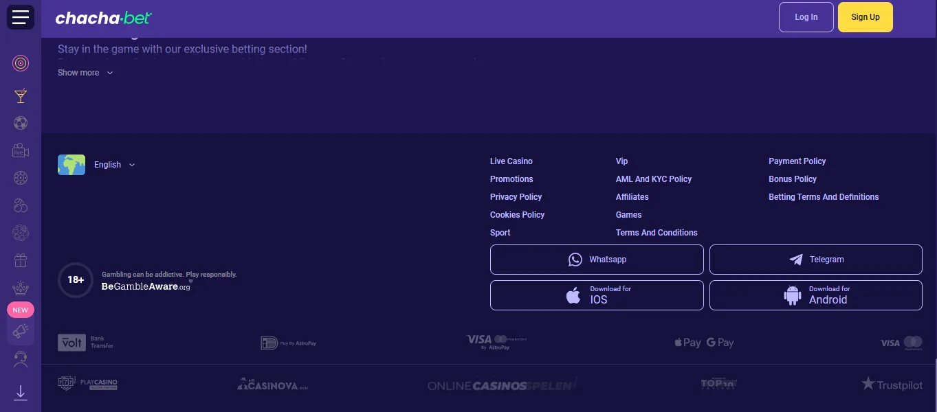 Screenshot of ChachaBet's footer licence and regulator details