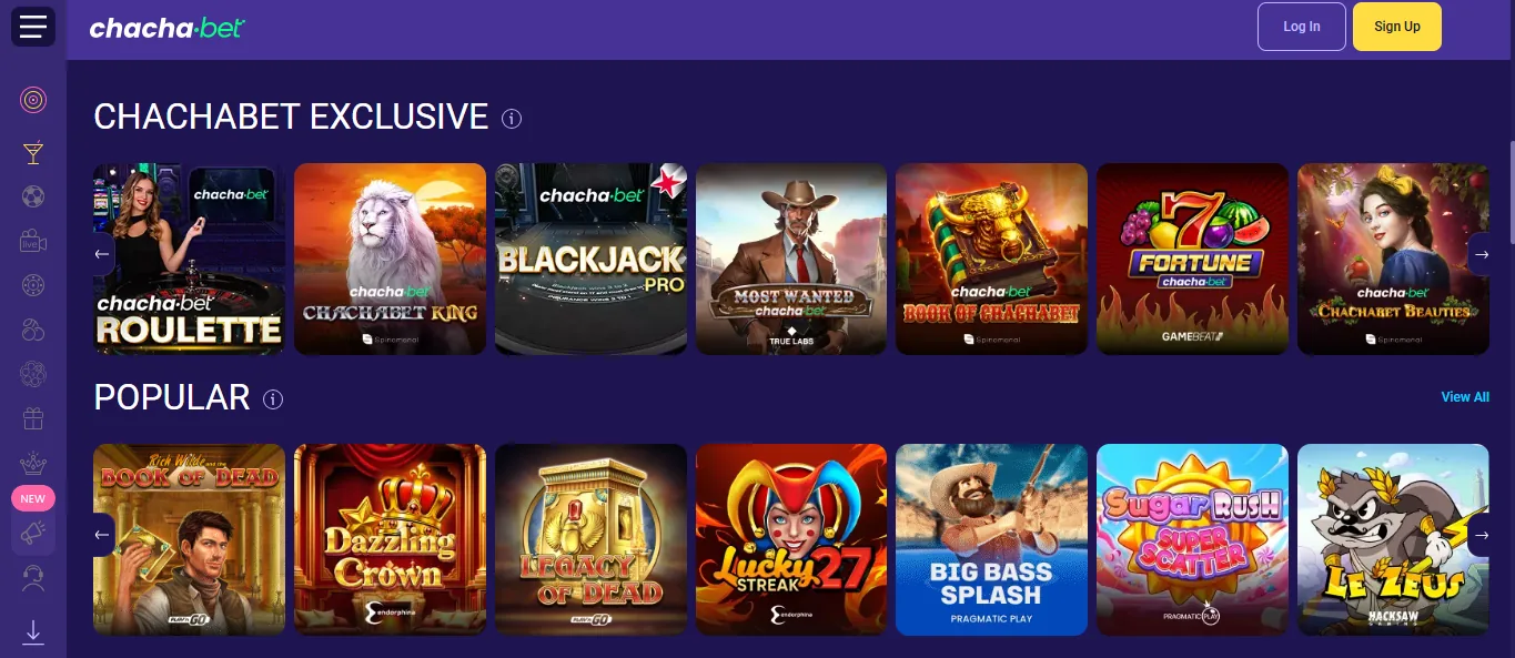 Screenshot of ChachaBet's games lobby