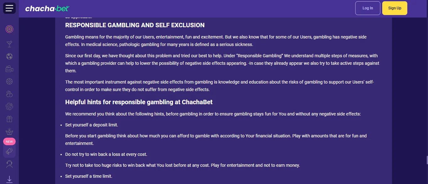 Screenshot of ChachaBet's responsible-gambling tools