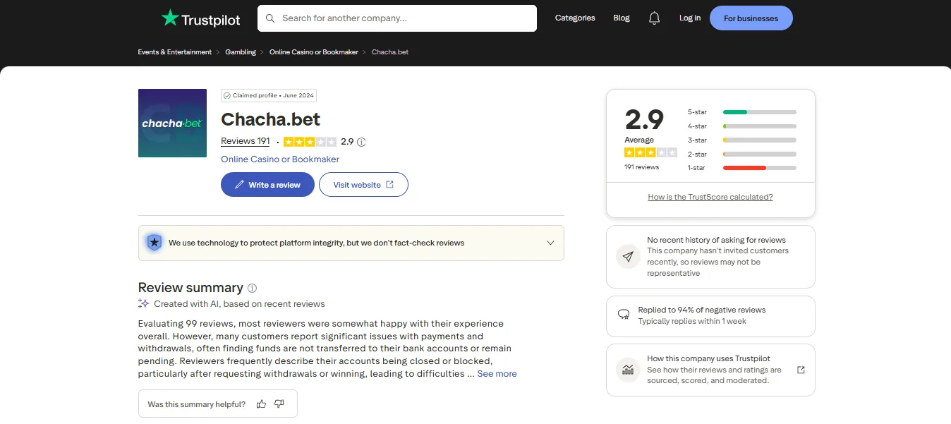 Screenshot of ChachaBet's Trustpilot rating overview