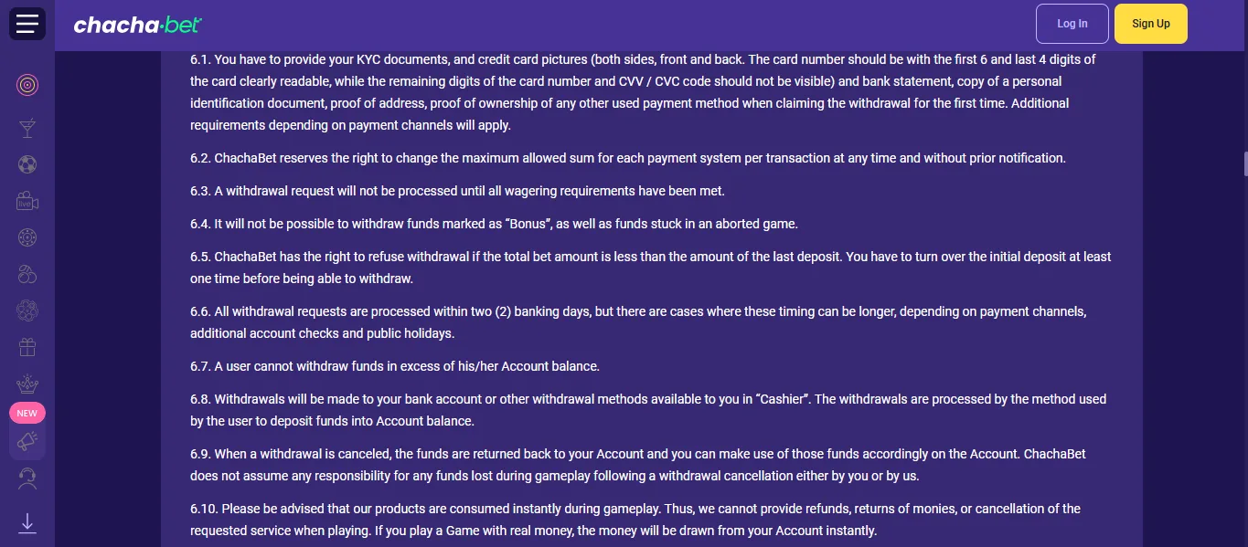 Screenshot of ChachaBet's withdrawal section and limits
