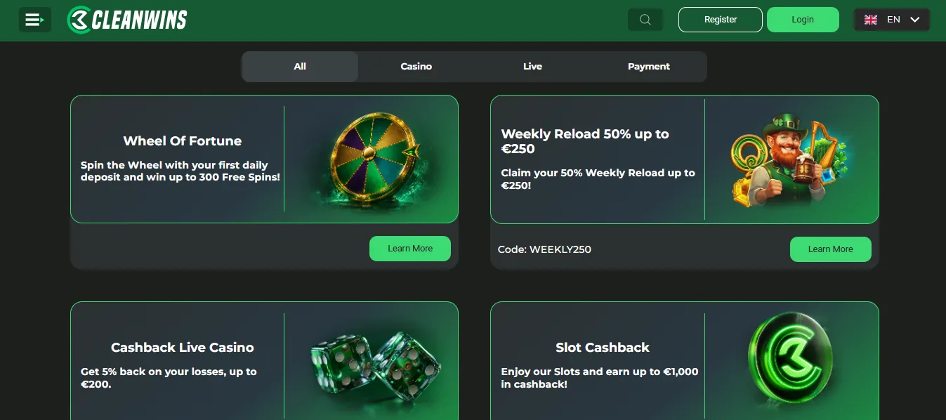 Screenshot of Cleanwins's welcome bonus offer