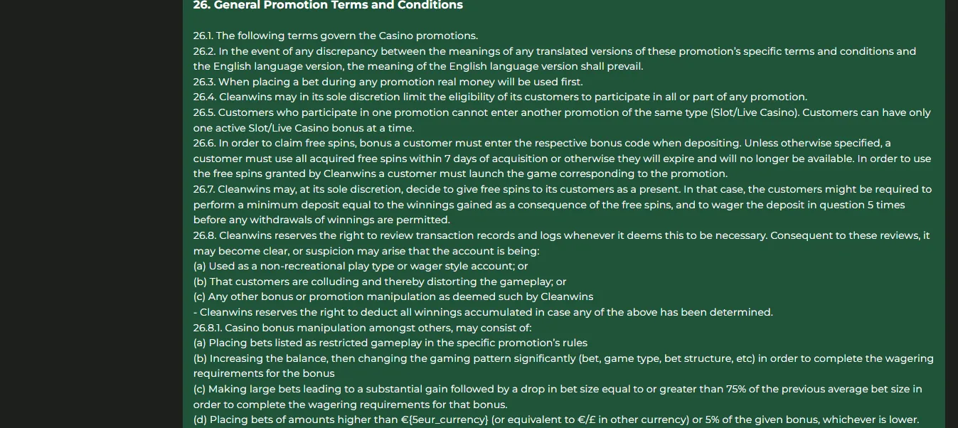 Screenshot of Cleanwins's bonus terms and wagering requirements