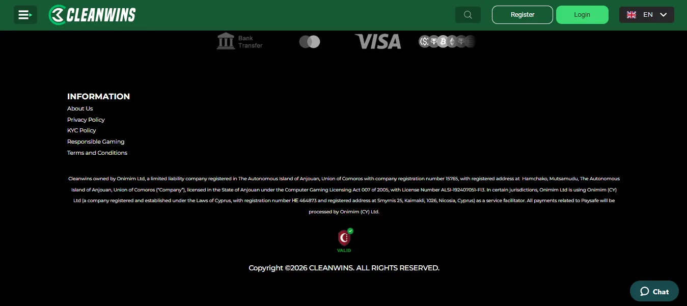 Screenshot of Cleanwins's footer licence and regulator details