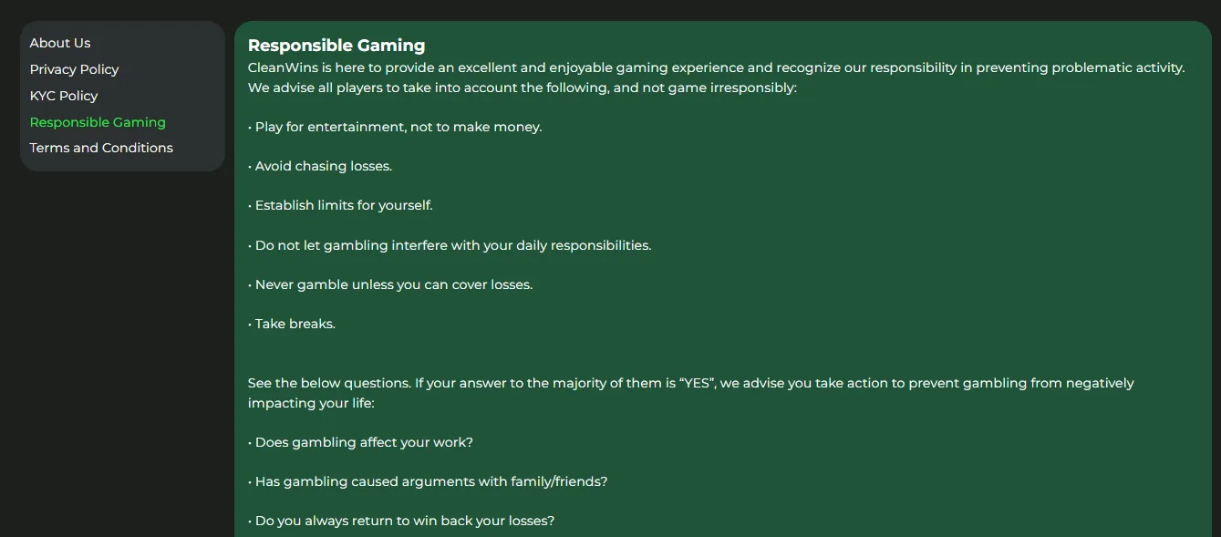 Screenshot of Cleanwins's responsible-gambling tools