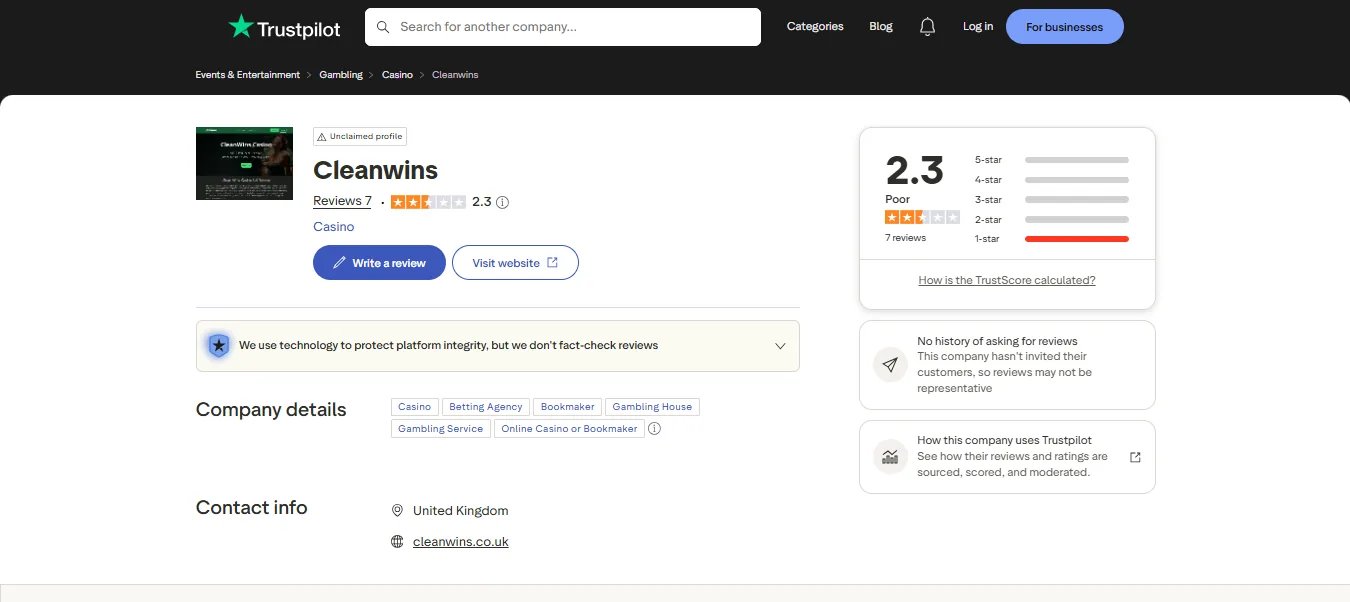 Screenshot of Cleanwins's Trustpilot rating overview