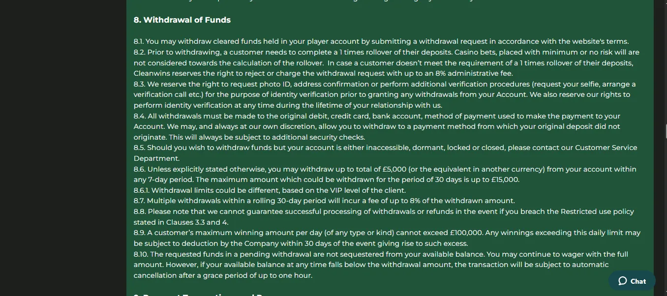 Screenshot of Cleanwins's withdrawal section and limits