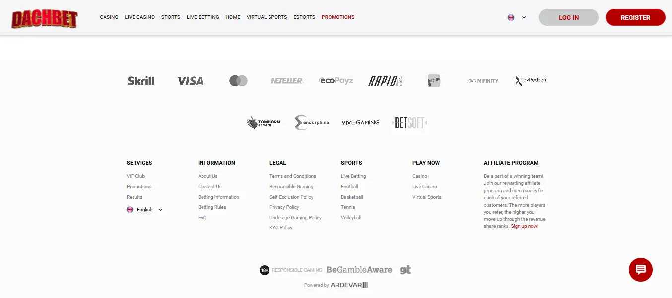 Screenshot of Dachbet's cashier and payment methods