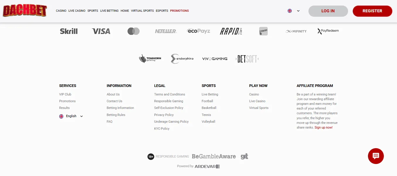 Screenshot of Dachbet's footer licence and regulator details