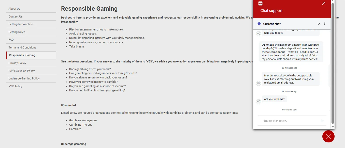 Screenshot of Dachbet's live chat support window