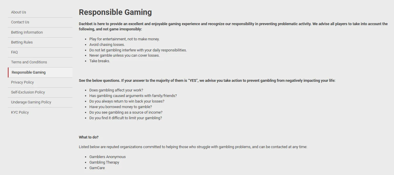 Screenshot of Dachbet's responsible-gambling tools
