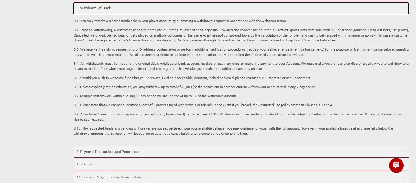 Screenshot of Dachbet's withdrawal section and limits