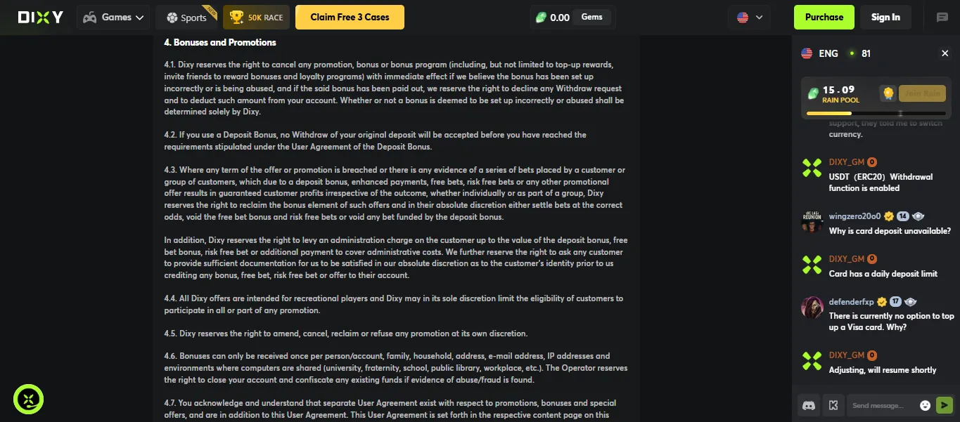 Screenshot of Dixy's bonus terms and wagering requirements