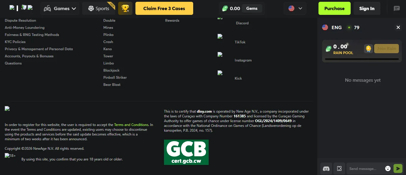 Screenshot of Dixy's footer licence and regulator details