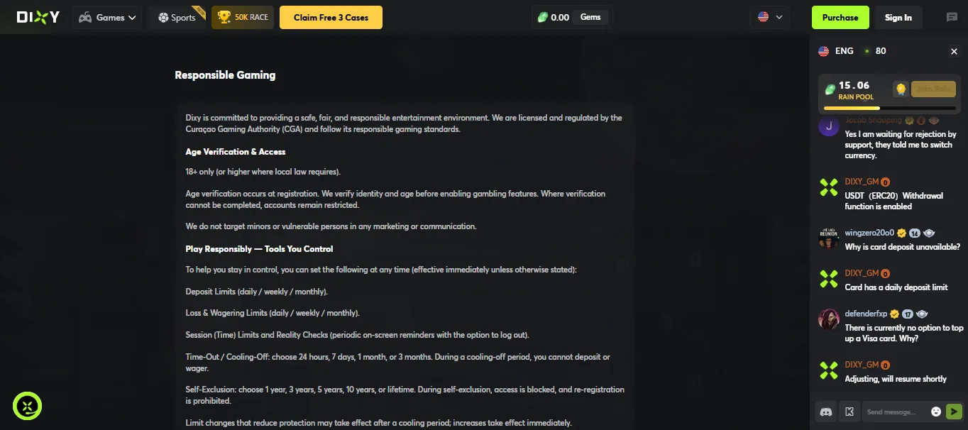 Screenshot of Dixy's responsible-gambling tools