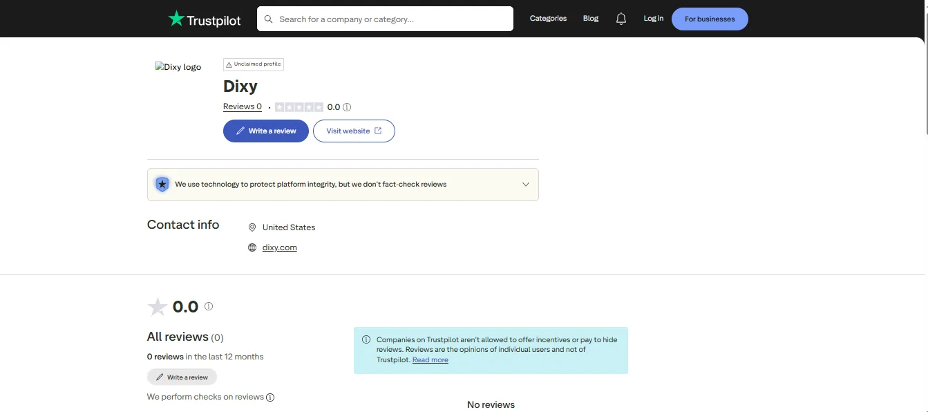 Screenshot of Dixy's Trustpilot rating overview