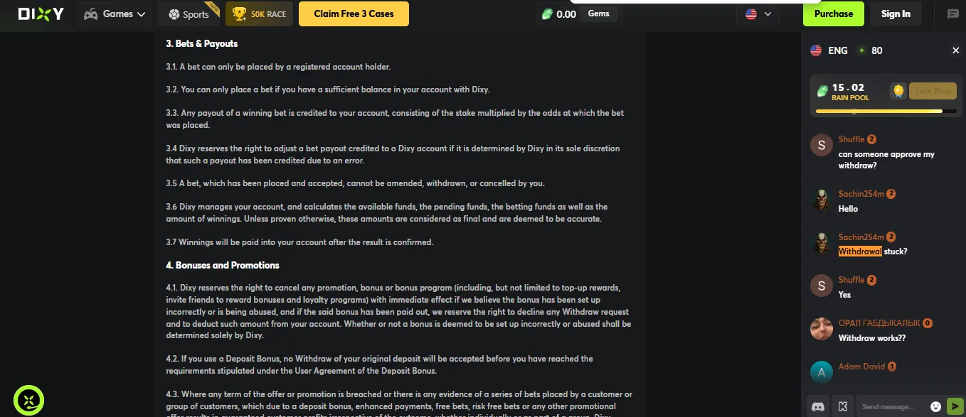 Screenshot of Dixy's withdrawal section and limits