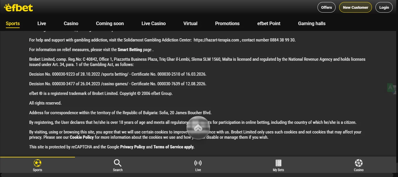 Screenshot of EF Bet's footer licence and regulator details